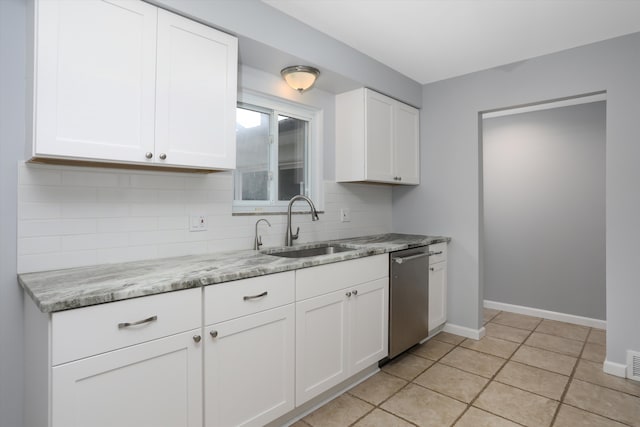 kitchen with baseboards, decorative backsplash, stainless steel dishwasher, white cabinetry, and a sink