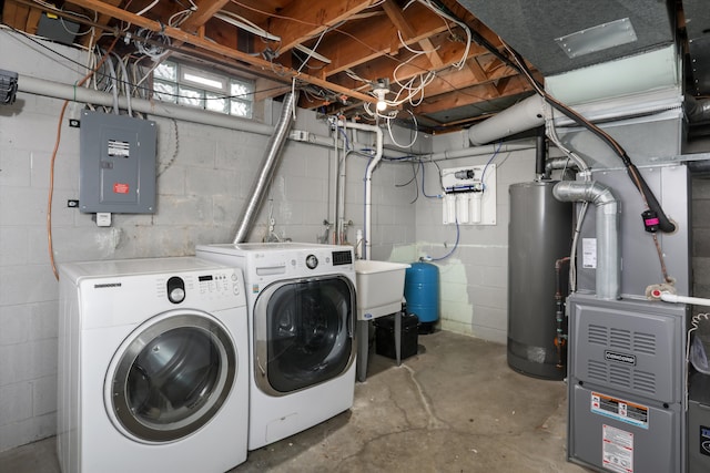 laundry room with washer and dryer, electric panel, laundry area, and water heater