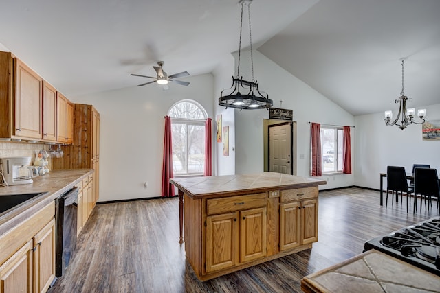 kitchen with tile countertops, dark wood-style floors, black gas stove, dishwasher, and tasteful backsplash