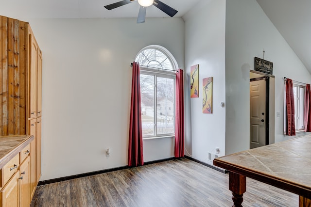 dining room featuring ceiling fan, baseboards, lofted ceiling, and dark wood finished floors