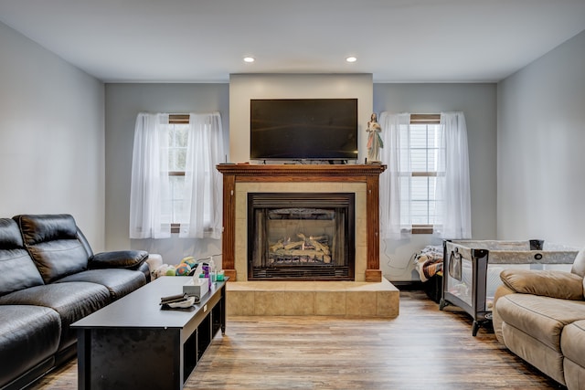 living area with plenty of natural light, recessed lighting, a fireplace, and wood finished floors