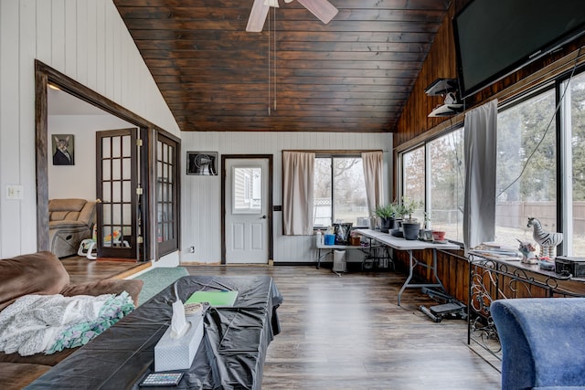 interior space with lofted ceiling, french doors, and wooden ceiling