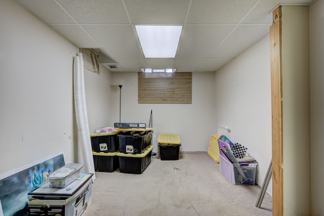 finished basement with a drop ceiling, visible vents, and carpet flooring