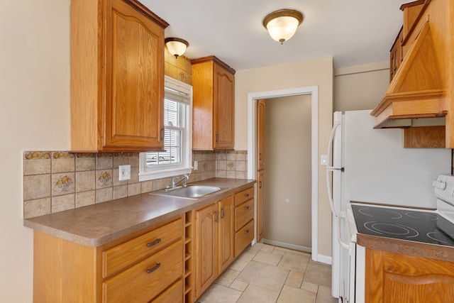 kitchen featuring custom range hood, a sink, white electric stove, decorative backsplash, and baseboards