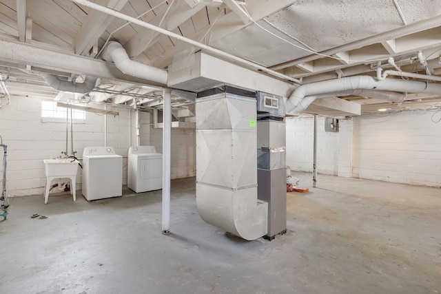 below grade area featuring separate washer and dryer, visible vents, and a sink