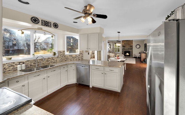 kitchen with ornamental molding, a sink, appliances with stainless steel finishes, a peninsula, and dark wood-style flooring