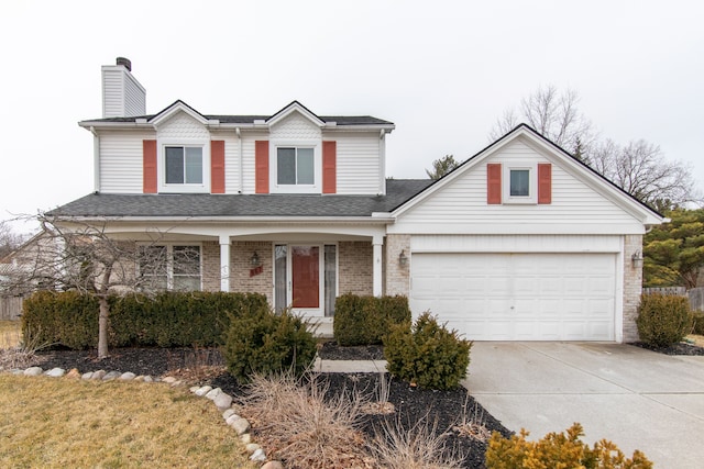 traditional-style home with driveway, covered porch, a chimney, a garage, and brick siding