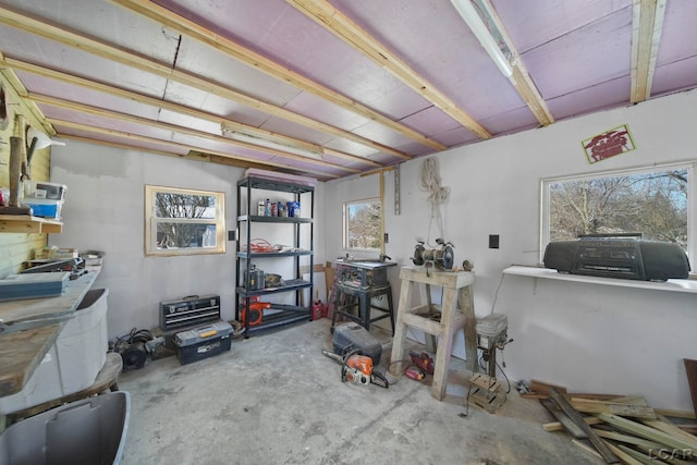 miscellaneous room featuring plenty of natural light, a workshop area, and concrete floors