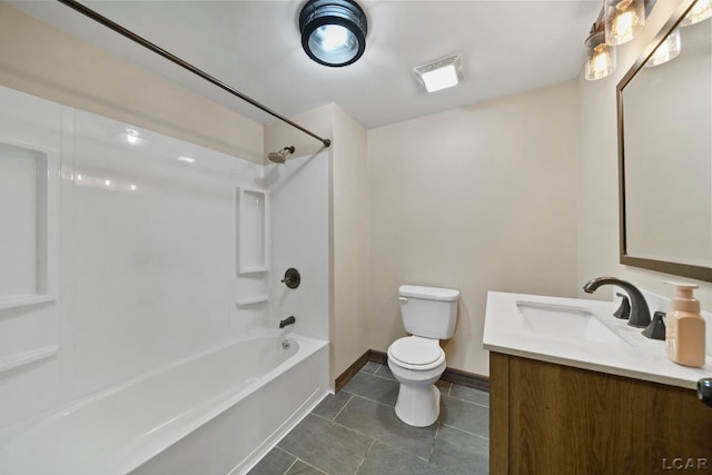 full bath featuring tile patterned floors, toilet, vanity, baseboards, and shower / bathtub combination