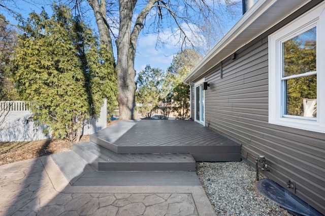 exterior space with fence and a wooden deck