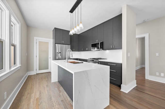 kitchen with light wood finished floors, dark cabinets, appliances with stainless steel finishes, and a sink