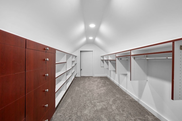 walk in closet with carpet and vaulted ceiling