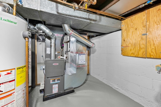 utility room featuring heating unit and water heater