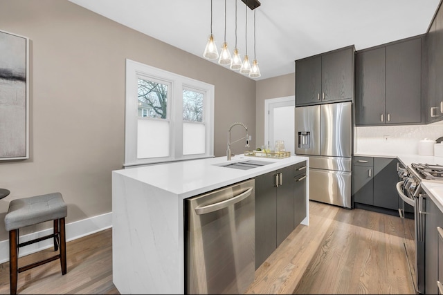 kitchen featuring a center island with sink, a sink, light countertops, and appliances with stainless steel finishes
