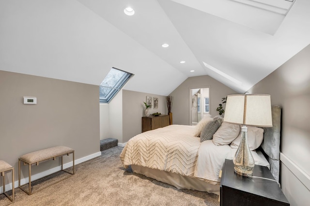 bedroom featuring baseboards, vaulted ceiling with skylight, recessed lighting, and carpet