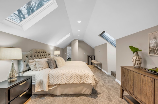 bedroom with lofted ceiling with skylight, light carpet, baseboards, and recessed lighting