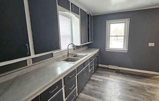 kitchen featuring wood finished floors, visible vents, baseboards, a sink, and crown molding