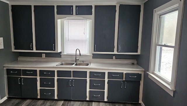 kitchen featuring light countertops, dark wood-style floors, and a sink