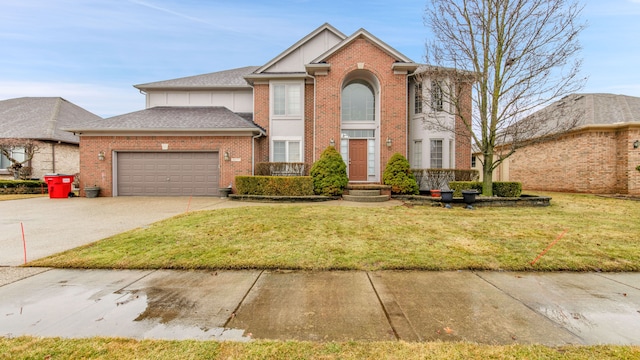 view of front facade with concrete driveway, brick siding, a garage, and a front lawn