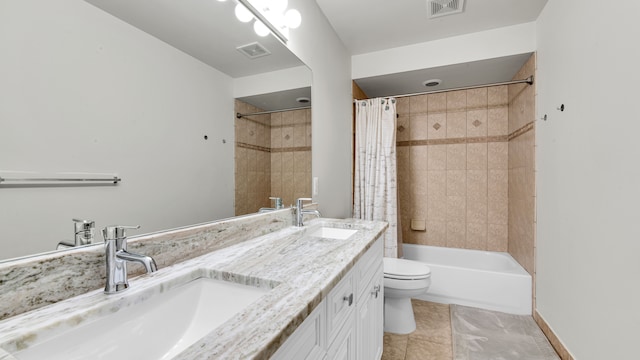 bathroom with shower / bath combination with curtain, toilet, visible vents, and a sink