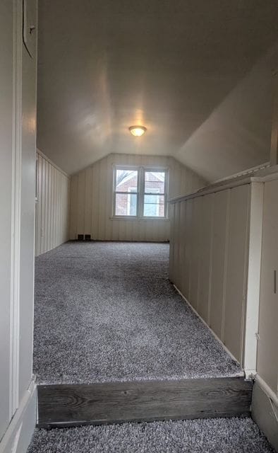 bonus room with vaulted ceiling, wooden walls, and carpet flooring