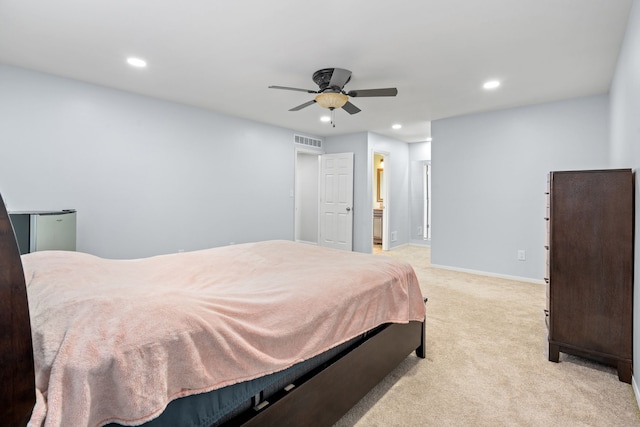 bedroom with visible vents, a ceiling fan, recessed lighting, baseboards, and light colored carpet