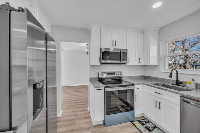 kitchen with light stone countertops, decorative backsplash, white cabinets, stainless steel appliances, and a sink