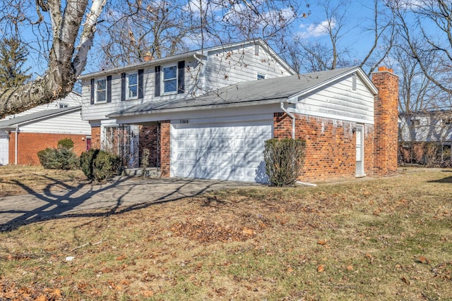 traditional-style house with brick siding, driveway, a chimney, and a front lawn