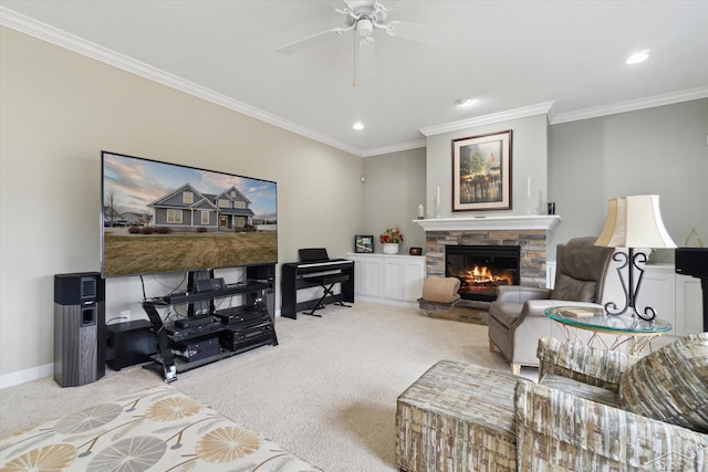 living room with carpet, ornamental molding, and a fireplace