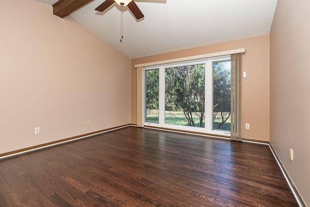 empty room featuring ceiling fan, lofted ceiling with beams, baseboards, and wood finished floors