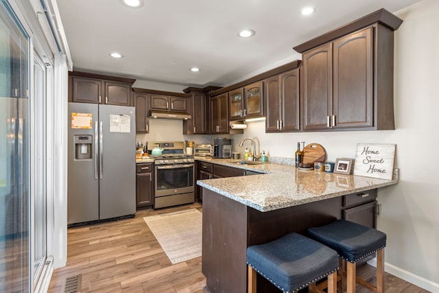 kitchen with dark brown cabinets, a peninsula, light wood-style floors, stainless steel appliances, and a sink