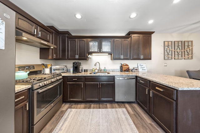 kitchen featuring dark brown cabinets, under cabinet range hood, a peninsula, stainless steel appliances, and a sink