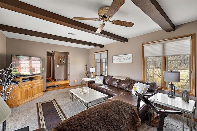 living room featuring visible vents, beam ceiling, light carpet, a ceiling fan, and baseboards