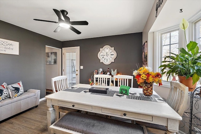 dining space featuring ceiling fan, baseboards, and wood finished floors