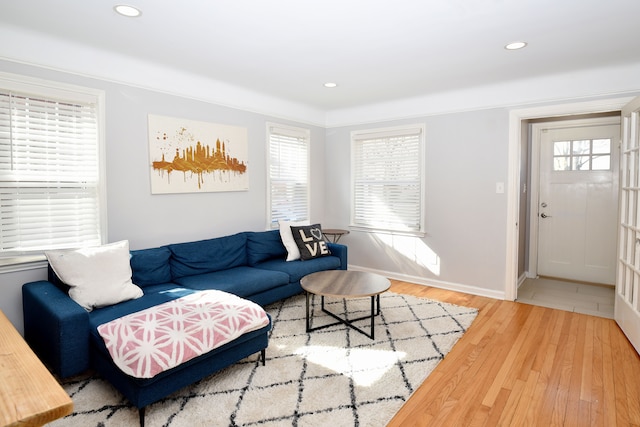 living area featuring recessed lighting, baseboards, and wood finished floors