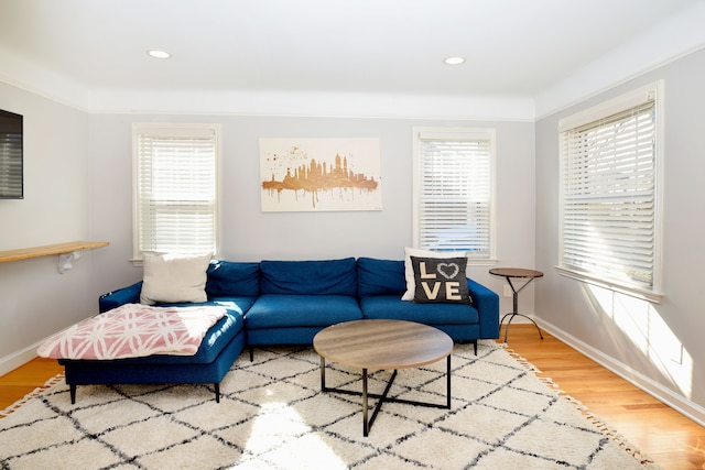 living room featuring a wealth of natural light, recessed lighting, baseboards, and wood finished floors