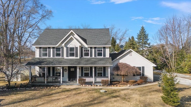 colonial inspired home featuring covered porch, driveway, a shingled roof, and a front lawn