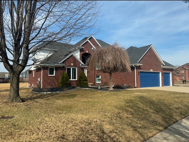 view of front facade featuring brick siding, a shingled roof, a front lawn, driveway, and an attached garage