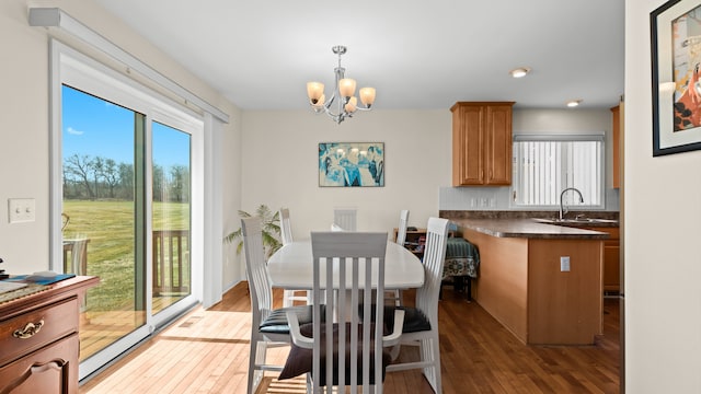 dining room featuring a healthy amount of sunlight, an inviting chandelier, and hardwood / wood-style floors