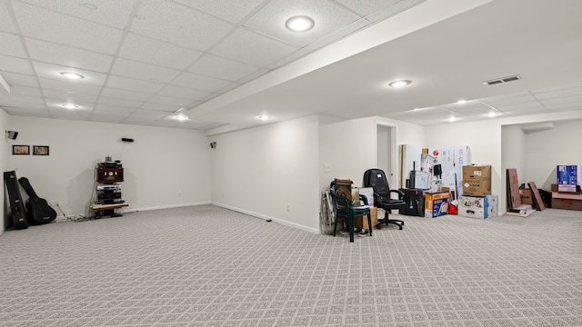 interior space with visible vents, baseboards, carpet floors, recessed lighting, and a paneled ceiling