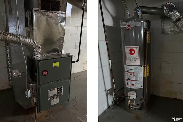 utility room featuring heating unit and water heater