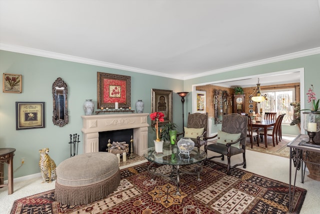 carpeted living area with a fireplace with raised hearth, baseboards, and ornamental molding