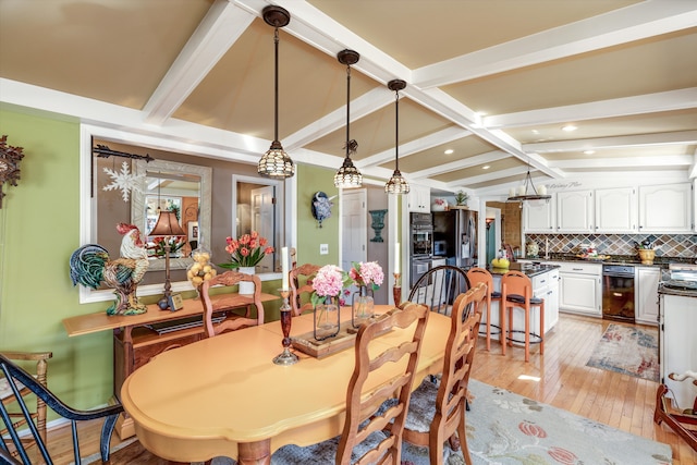 dining space featuring wine cooler, vaulted ceiling with beams, recessed lighting, and light wood finished floors