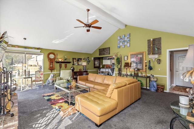 carpeted living room featuring baseboards, beam ceiling, high vaulted ceiling, and ceiling fan