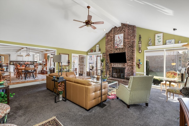 carpeted living area featuring beam ceiling, a brick fireplace, high vaulted ceiling, and ceiling fan