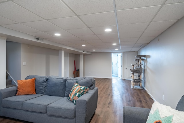 living room featuring visible vents, wood finished floors, recessed lighting, stairway, and baseboards