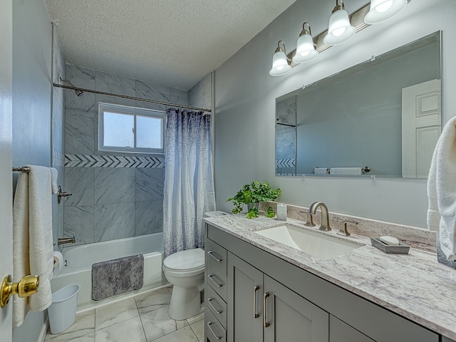 bathroom with toilet, vanity, shower / bath combo, marble finish floor, and a textured ceiling