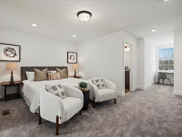 bedroom featuring recessed lighting, visible vents, carpet floors, and baseboards