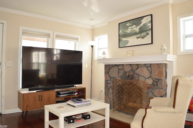 living room with a fireplace, crown molding, baseboards, and dark wood-style flooring