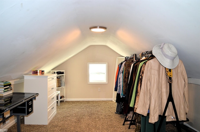 spacious closet with lofted ceiling and carpet flooring